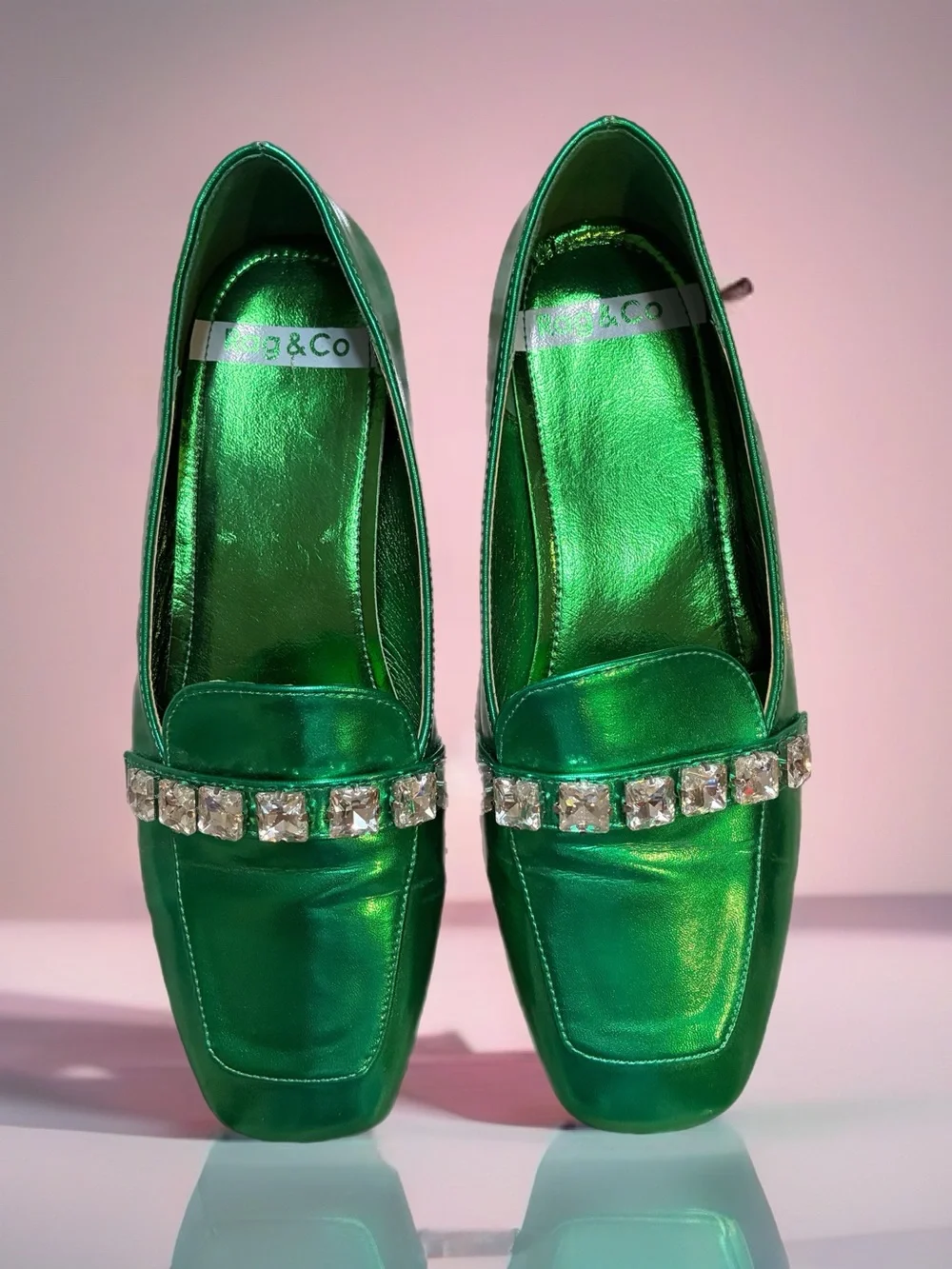 Green Metallic Jewel-Trim Women's Loafers